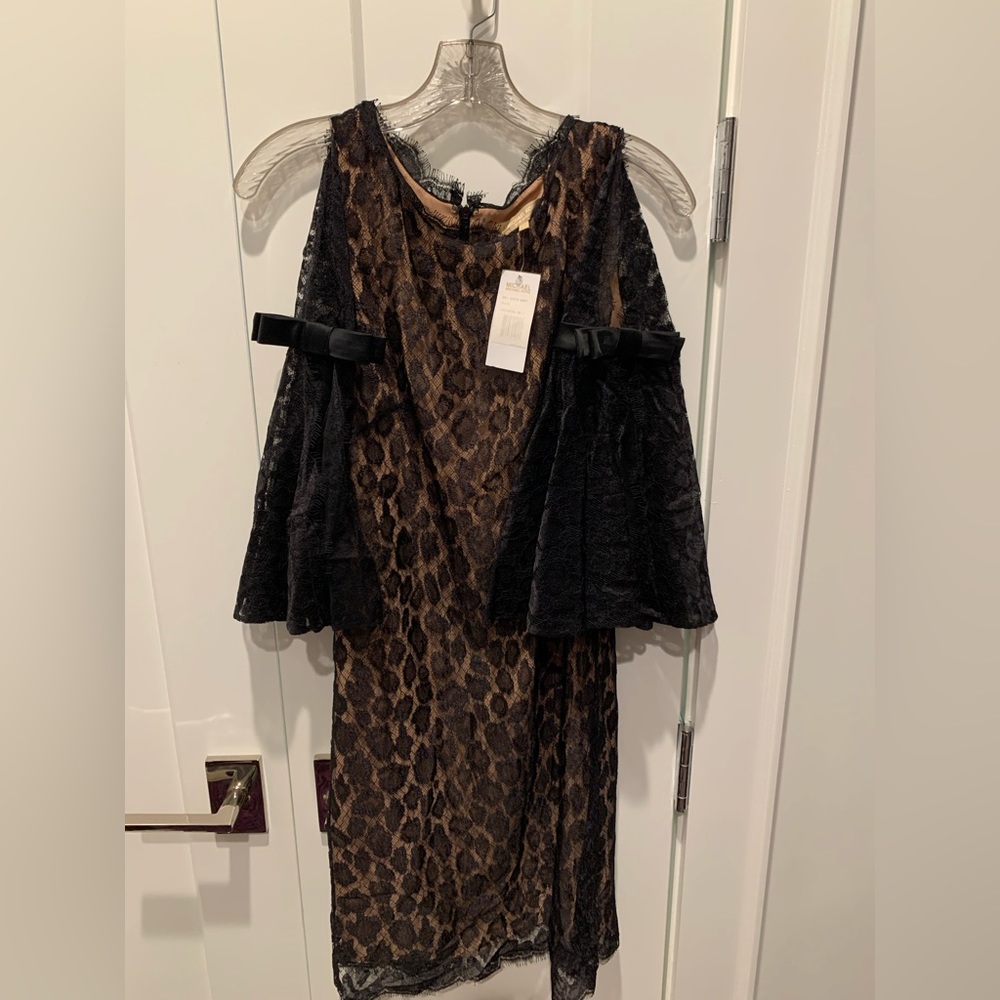Michael Kors black nude leopard lace dress with bow bell sleeves - size 4